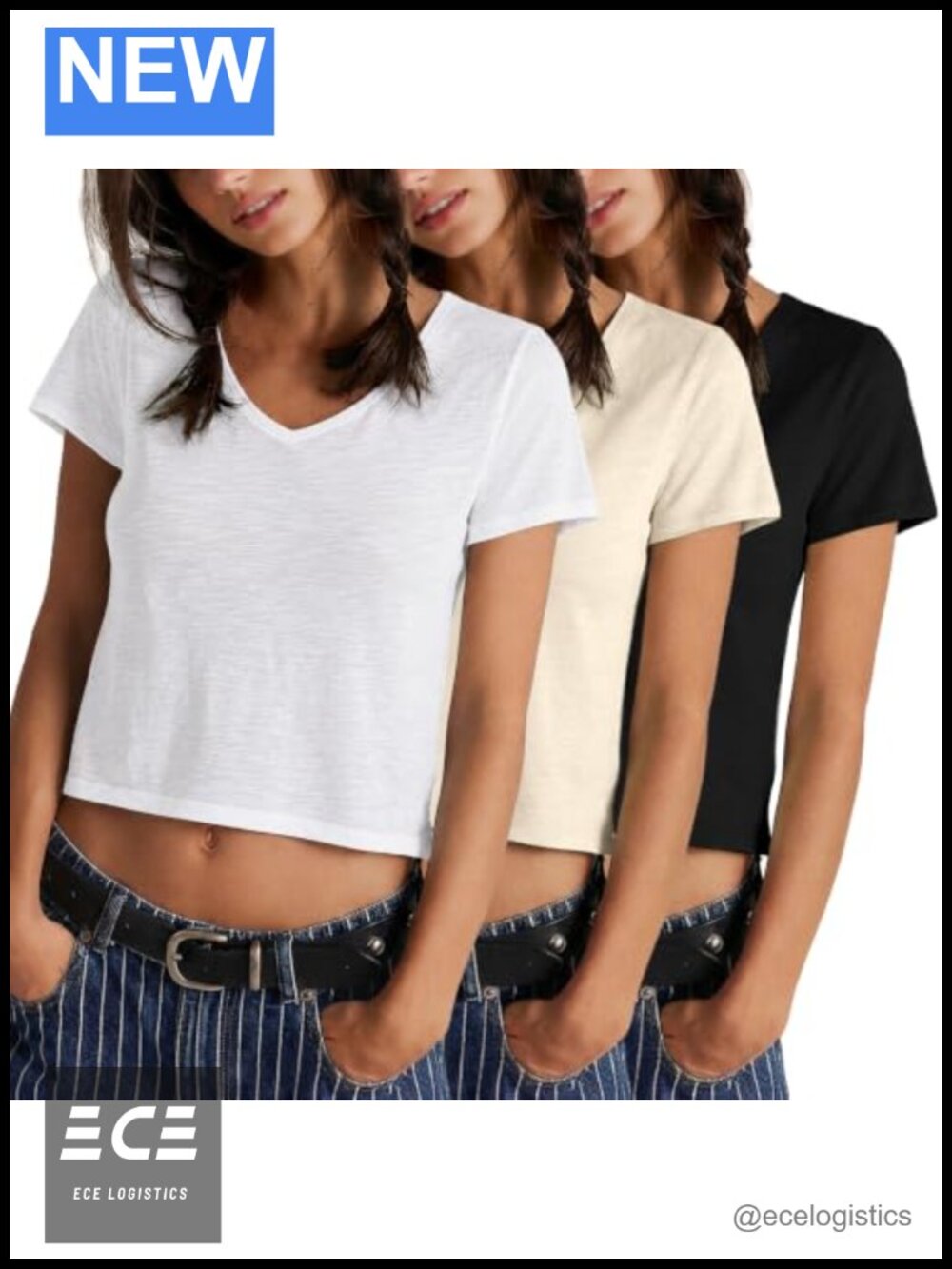 Womens 3 Pack V Neck Crop Tops 100% Cotton Slub Knit Short Sleeve Tees